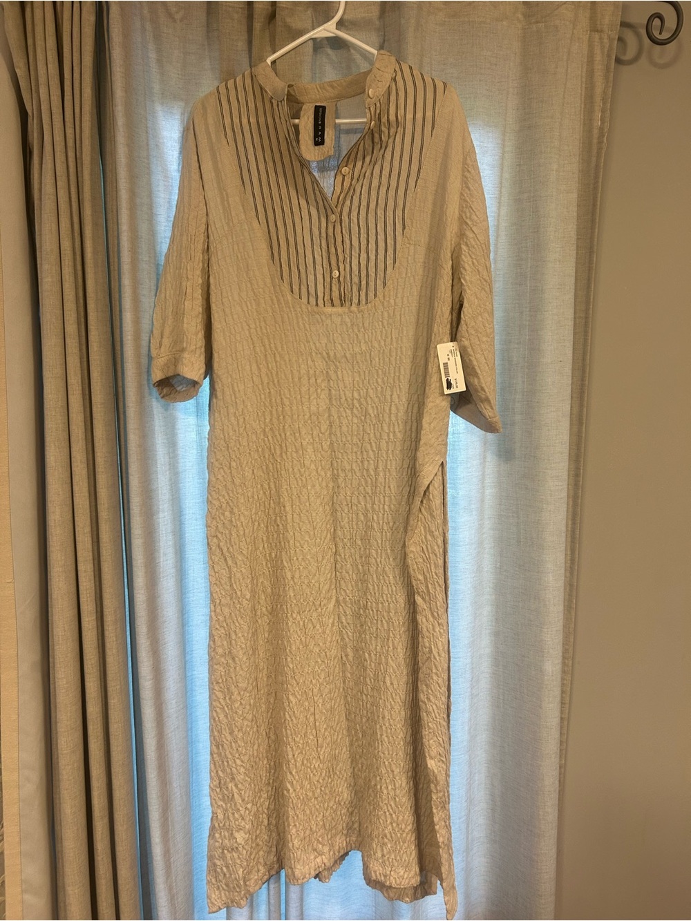 Neutral Beige Textured Maxi Dress with Pleated Yoke